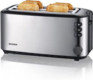 SEVERIN Tostadora automática, tostador largo con soporte para panecillos, tostadora doble, 1400 W de potencia, acero inoxidable cepillado y negro, AT 2509